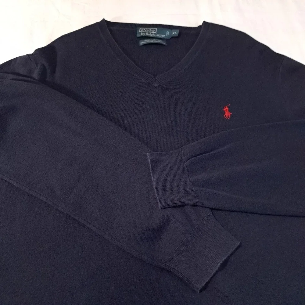Polo Ralph Lauren Men's Long Sleeve Sweater V-Neck 100% Pima Cotton Navy Blue XL
